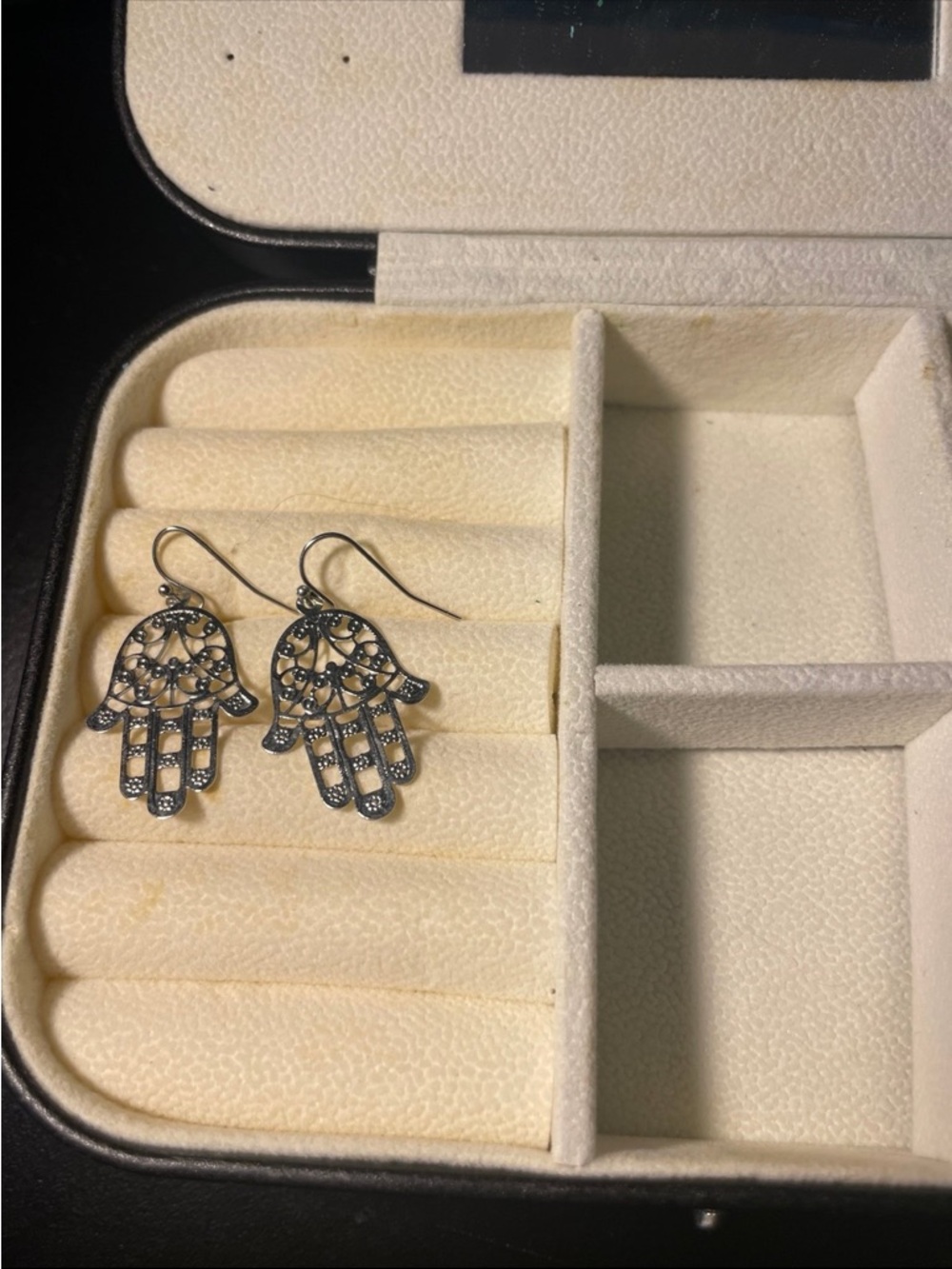 Silver Tone Hamsa Hand Drop Earrings – Boho Filigree Style